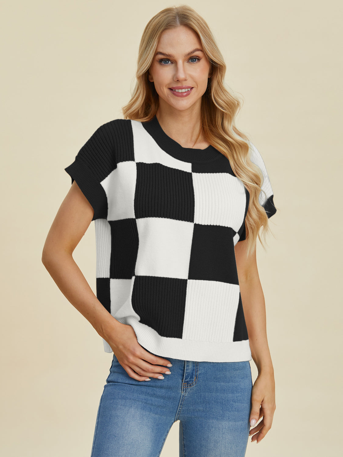 Double Take Full Size Checkered Round Neck Short Sleeve Sweater - Eclectage