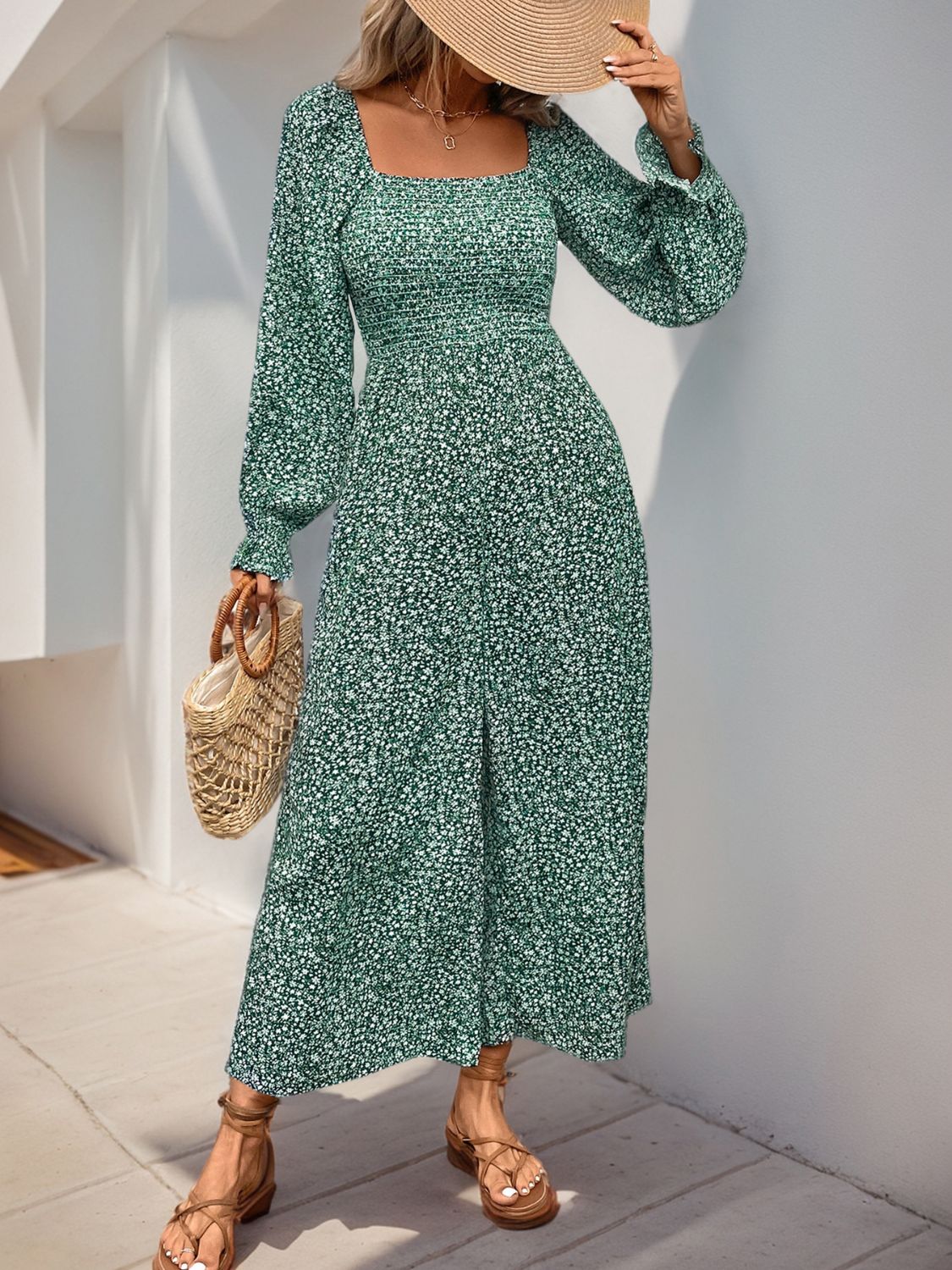 Smocked Printed Turquoise Jumpsuit