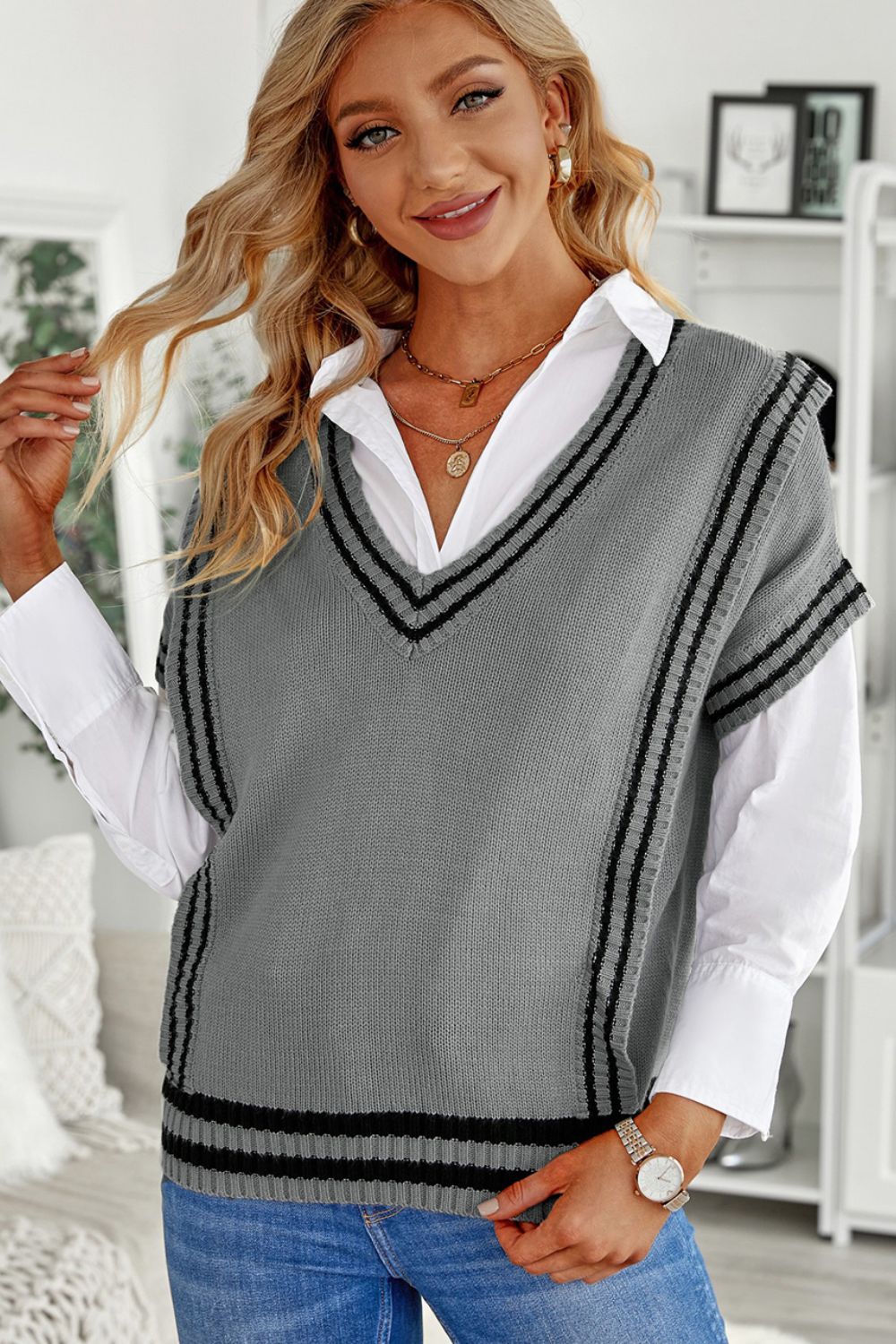 Striped Trim V-Neck Sweater Vest - Eclectage