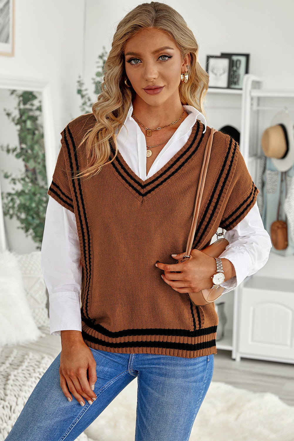 Striped Trim V-Neck Sweater Vest - Eclectage