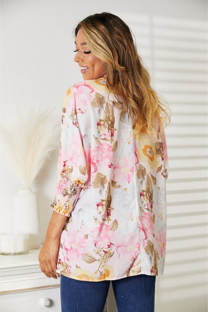 Double Take Floral Round Neck Three-Quarter Sleeve Top - Eclectage