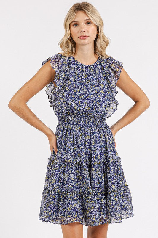 Dark Navy Ditsy Floral Ruffle Chiffon Dress - Eclectage