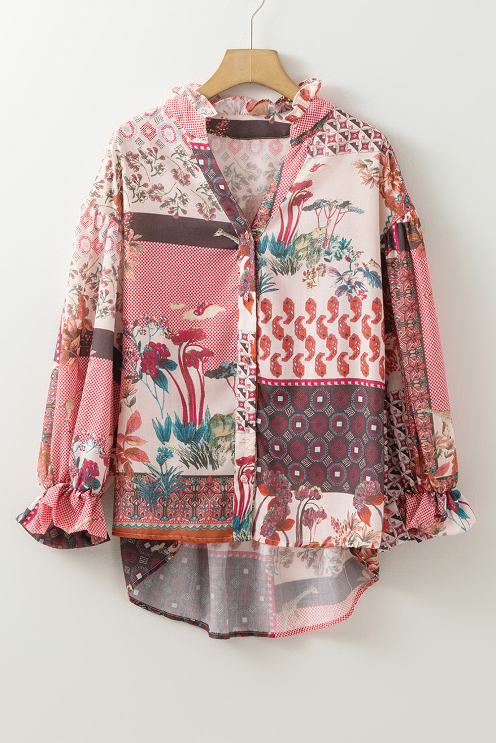 Patchwork Printed Notched Flounce Sleeve Shirt - Eclectage