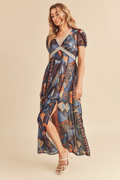 Geometric Print Short Sleeve Maxi Dress - Eclectage