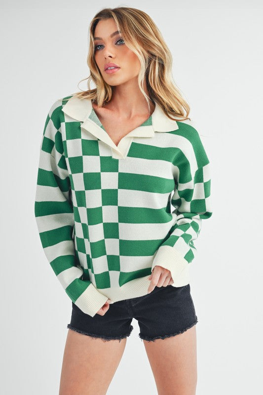 Green Striped & Checkered Drop Shoulder Sweater - Eclectage