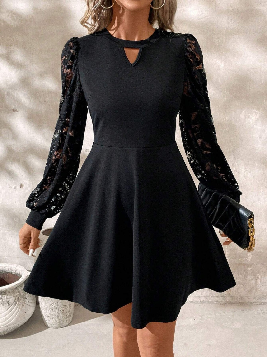 Black Cutout Lace Long Sleeve Dress