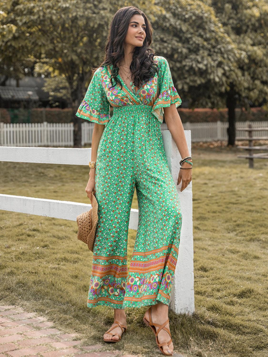 Floral Surplice Flutter Sleeve Jumpsuit - Eclectage