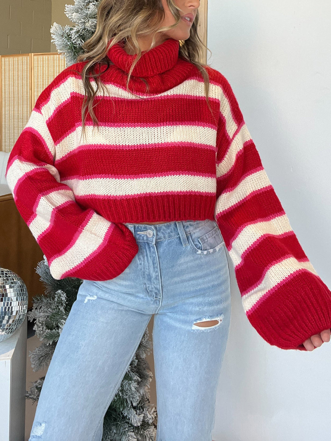 Striped Turtleneck Long Sleeve Cropped Sweater - Eclectage