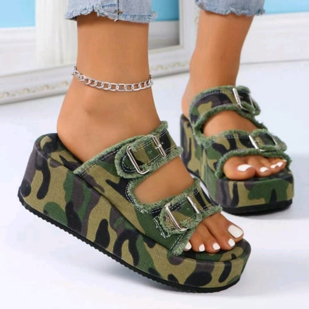 Raw Hem Wedge Buckle Sandals - Eclectage