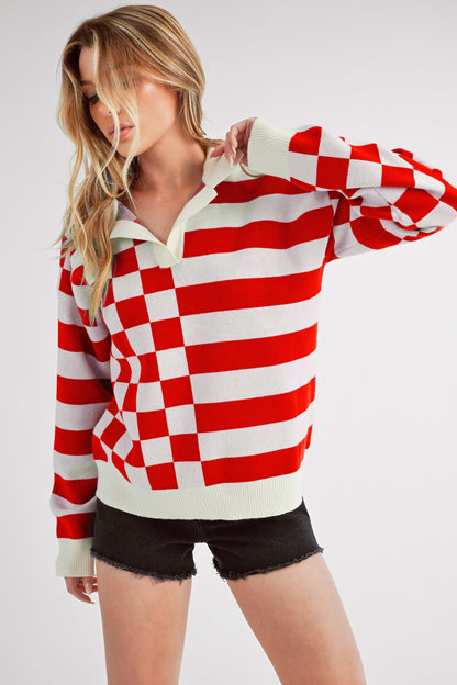 Striped & Checkered Drop Shoulder Sweater - Eclectage