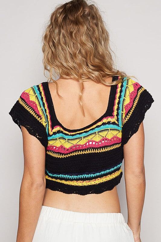 POL Openwork Ethnic Pattern Square Neck Cropped Knit Top - Eclectage