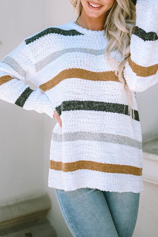 Striped Round Neck Dropped Shoulder Sweater - Eclectage