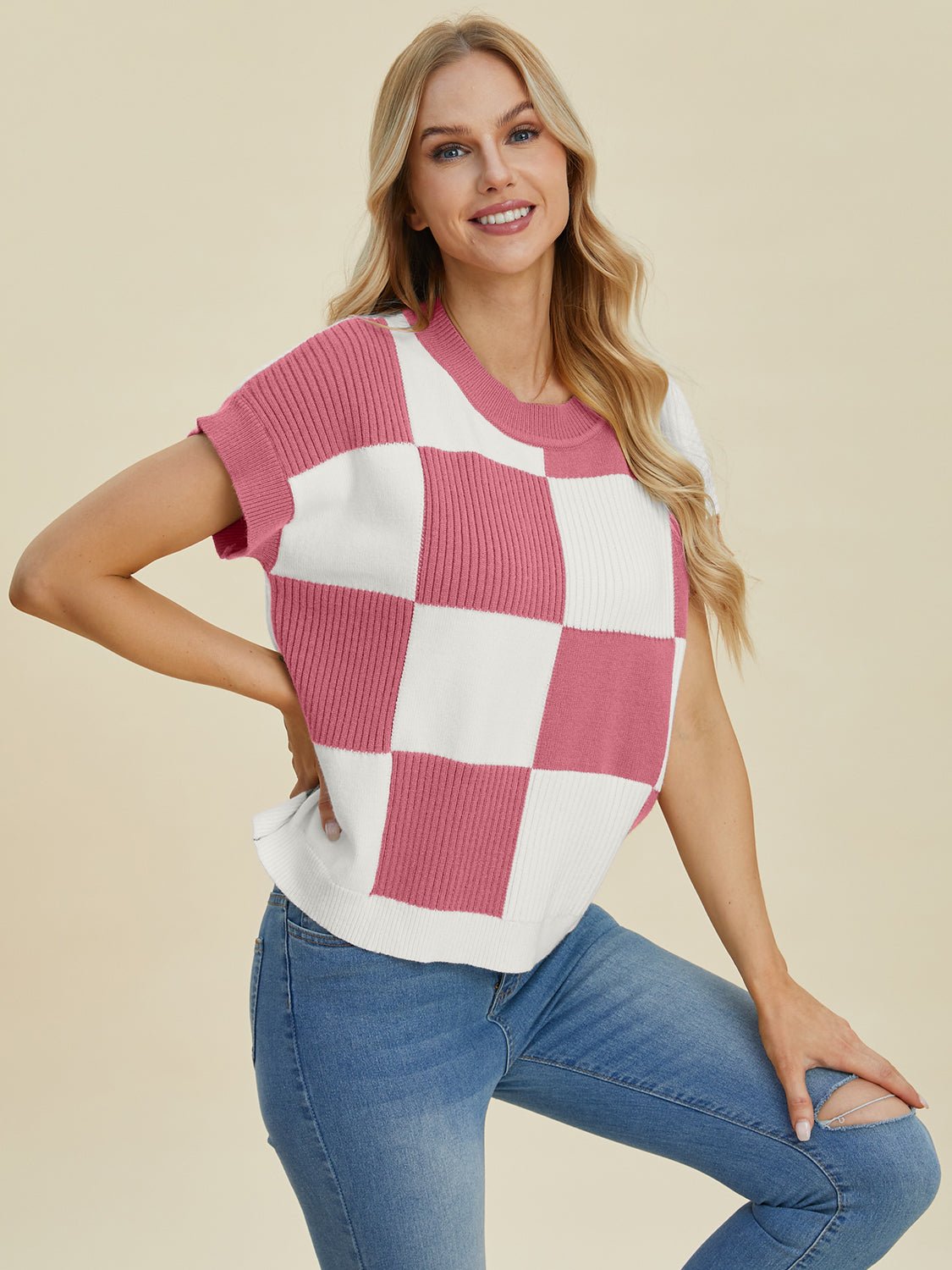 Double Take Full Size Checkered Round Neck Short Sleeve Sweater - Eclectage