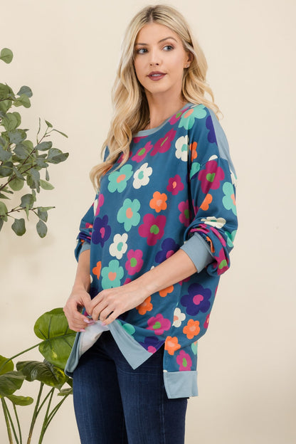 Celeste Full Size Side Slit Flower Print Long Sleeve Top - Eclectage