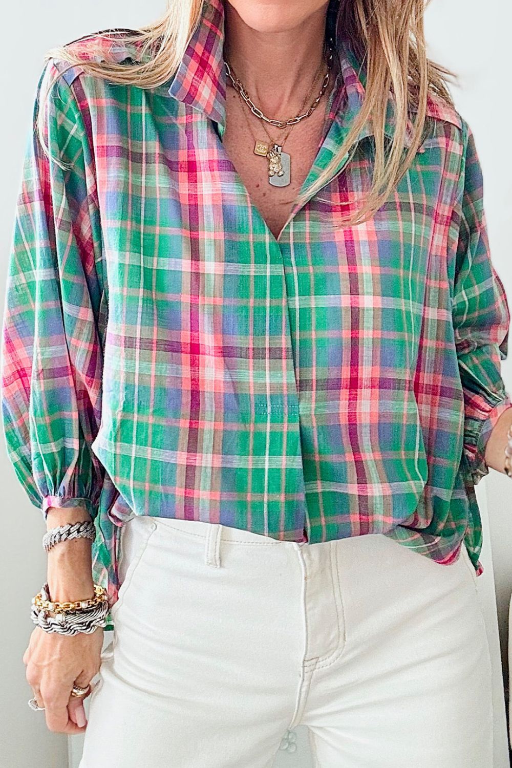 Plaid Collared Neck Three-Quarter Sleeve Shirt - Eclectage