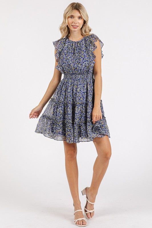 Dark Navy Ditsy Floral Ruffle Chiffon Dress - Eclectage