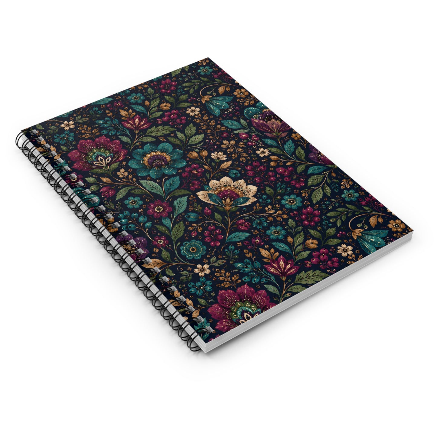 Dark Boho Floral Spiral Notebook — Lined Journal with Botanical Cover
