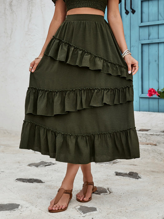 Dark Green Ruffled Midi Skirt - Eclectage