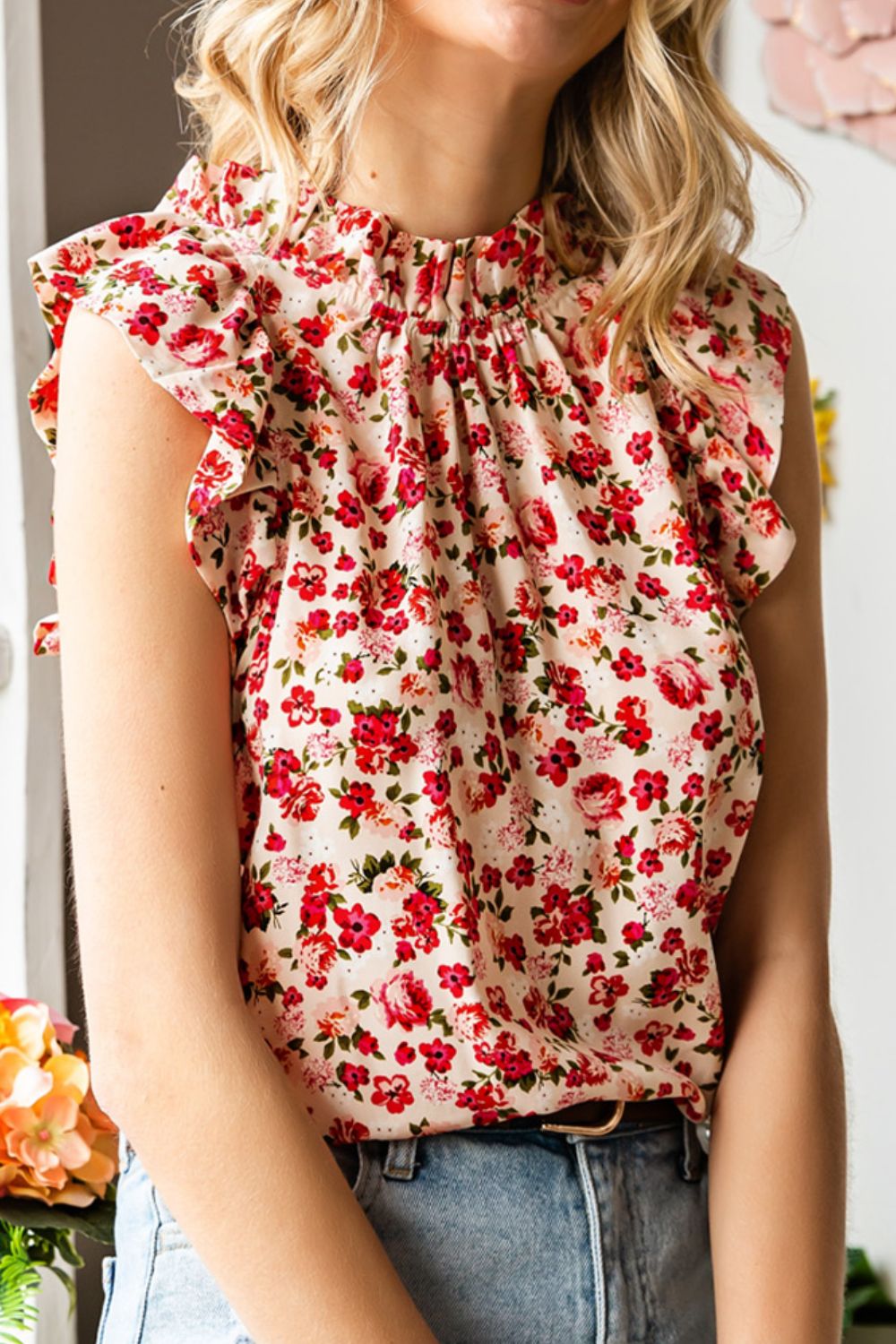 Red Floral Round Neck Cap Sleeve Blouse - Eclectage