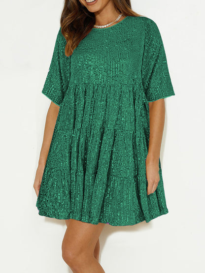 Sequin Round Neck Half Sleeve Mini Dress