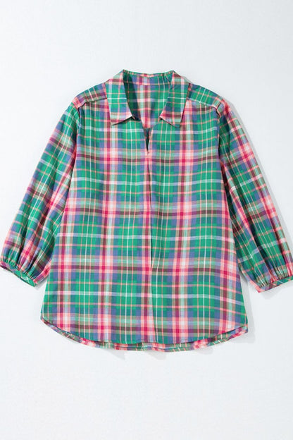 Plaid Collared Neck Three-Quarter Sleeve Shirt - Eclectage