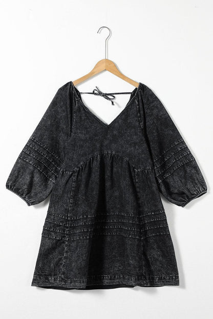 V-Neck Three Quarter Sleeve Denim Dress - Eclectage