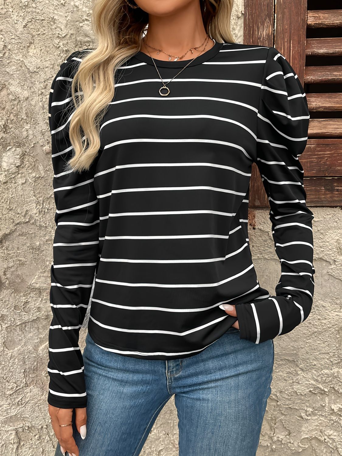 Full Size Striped Round Neck Puff Sleeve T-Shirt - Eclectage