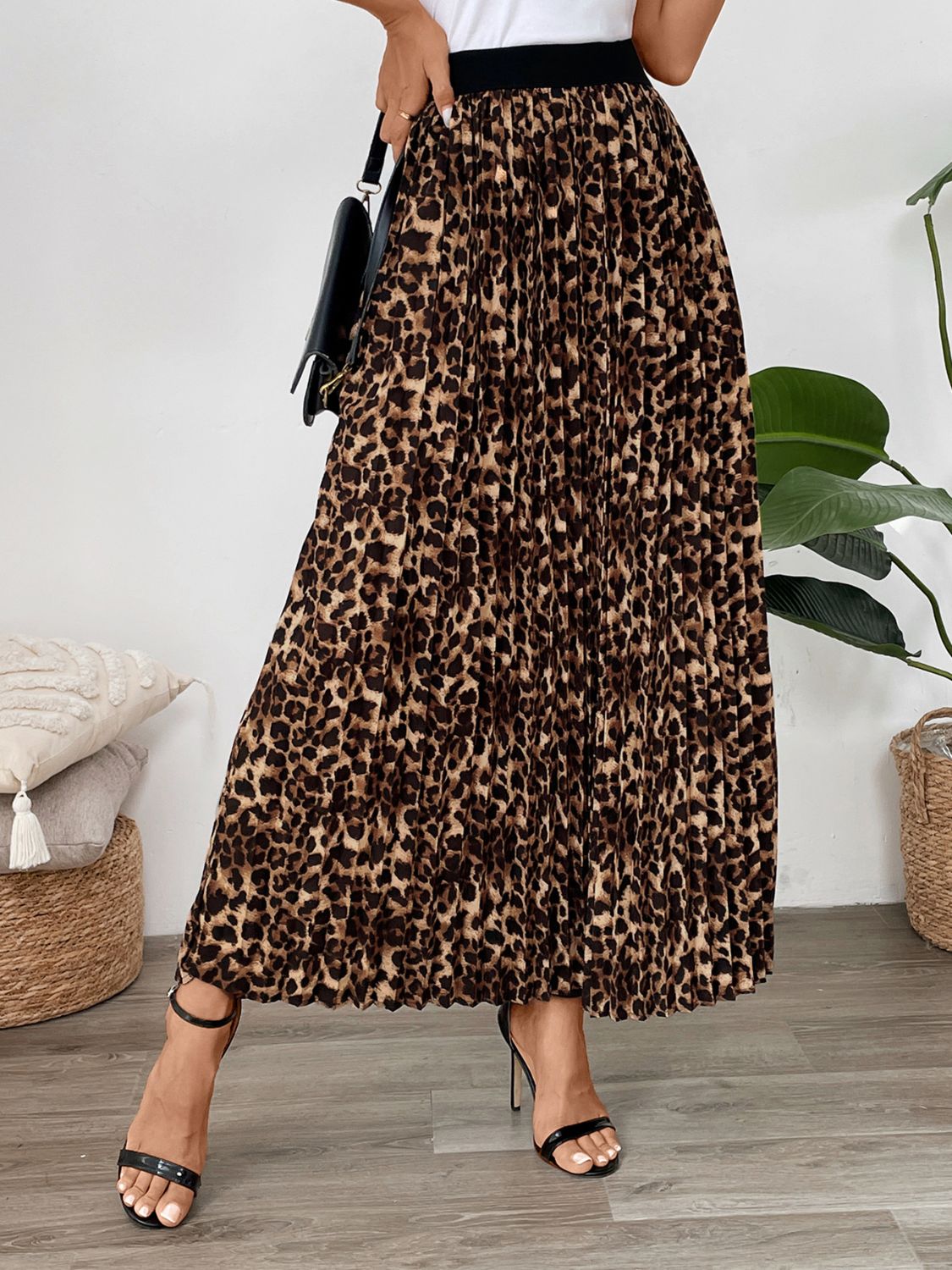 Pleated Leopard Maxi Skirt