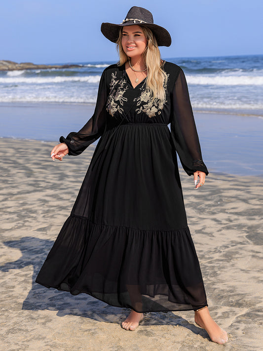 Plus Size Black Embroidered Semi Sheer Dress - Eclectage