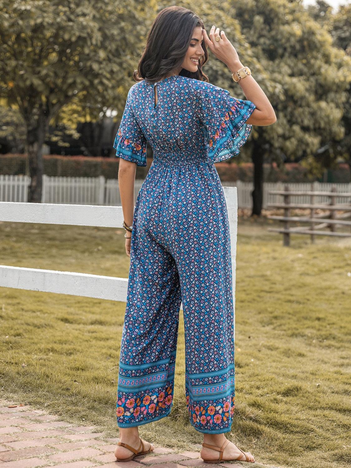 Floral Surplice Flutter Sleeve Jumpsuit - Eclectage