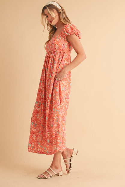 Coral Color Floral Puff Sleeve Midi Dress - Eclectage