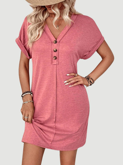 Quarter Button V-Neck Short Sleeve Dress - Eclectage