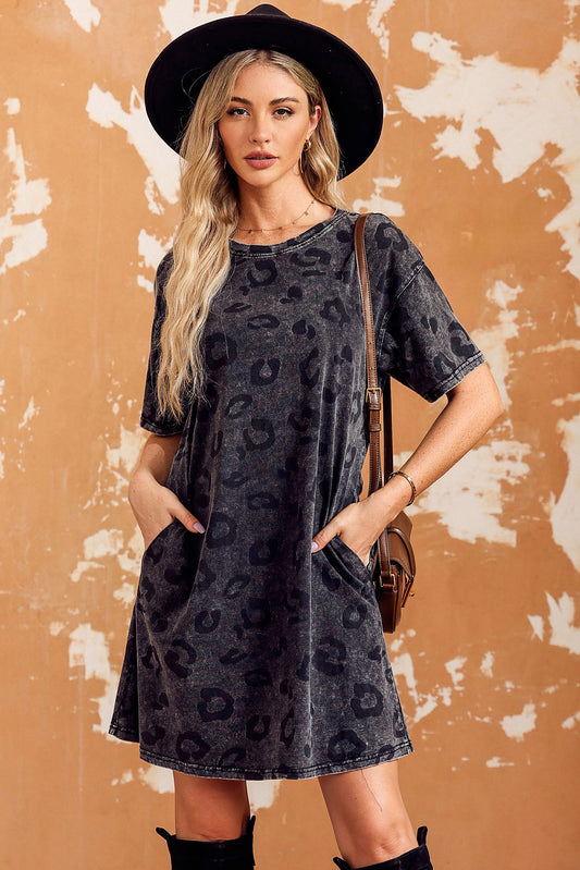 Dark Gray Leopard Dropped Shoulder Dress