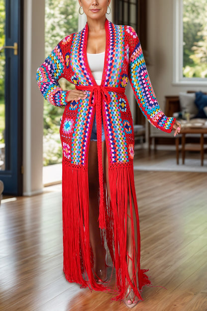 Fringe Tied Long Sleeve Cardigan - Eclectage