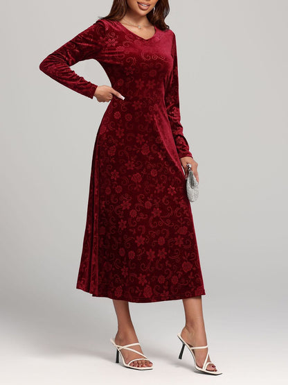 Burgundy Floral Velvet Long Sleeve Midi Dress - Eclectage