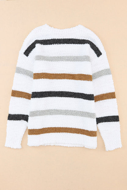 Striped Round Neck Dropped Shoulder Sweater - Eclectage