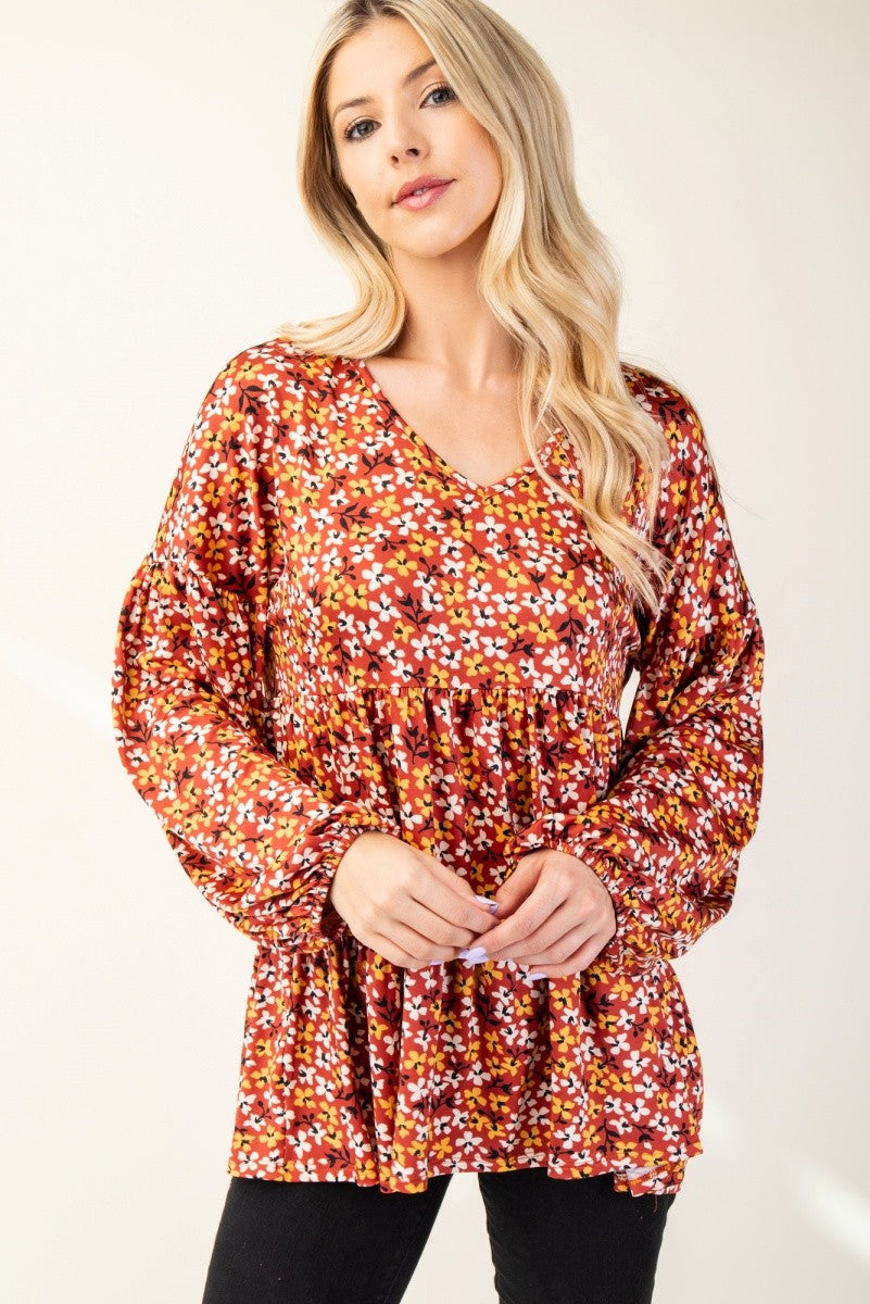 Rust Floral V-Neck Balloon Sleeve Blouse - Eclectage