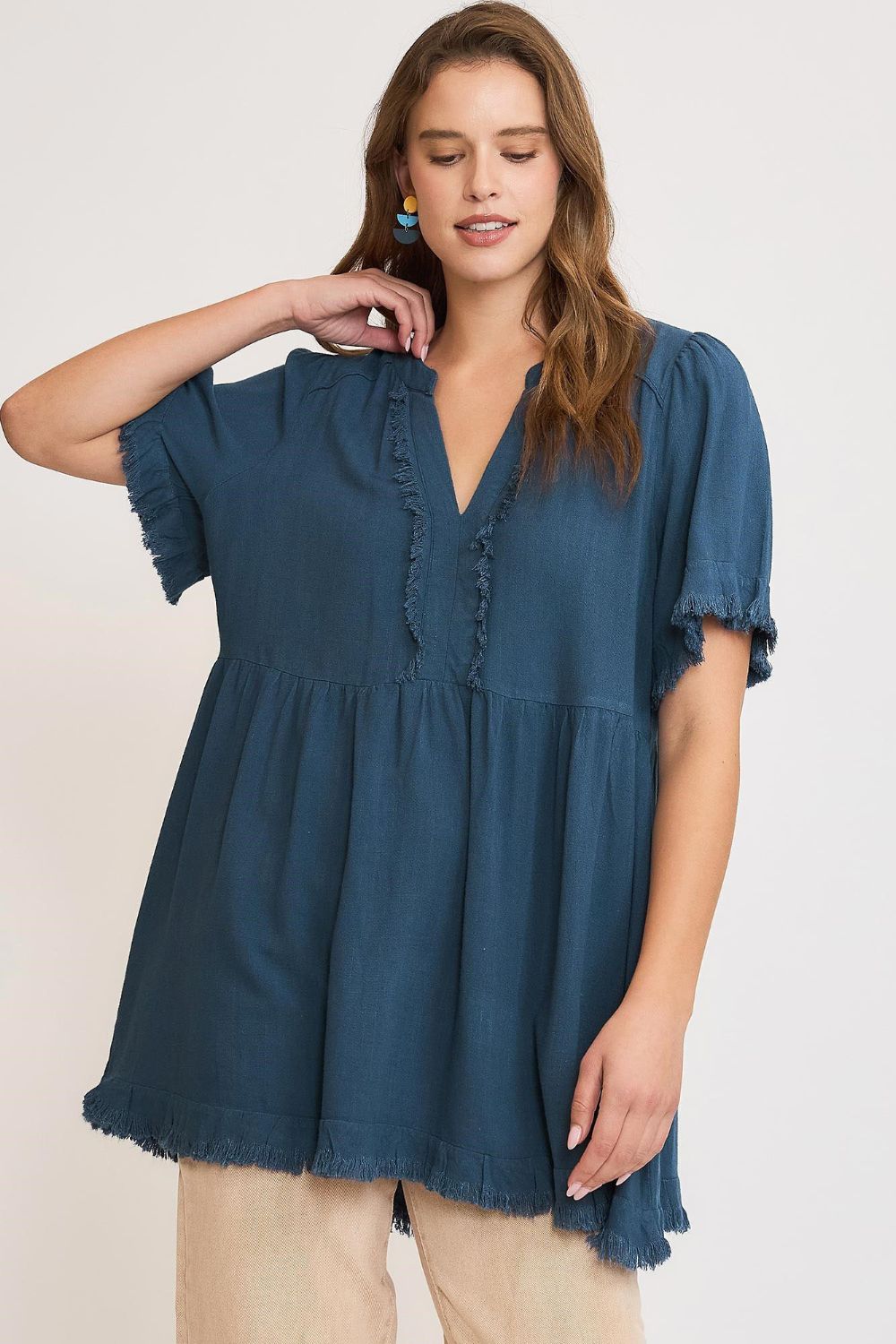 Umgee Full Size Raw Hem Notched Babydoll Linen Blouse Plus Size - Eclectage