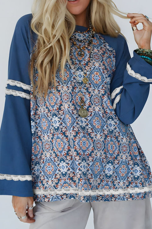 Blue Geometric Long Sleeve Top - Eclectage