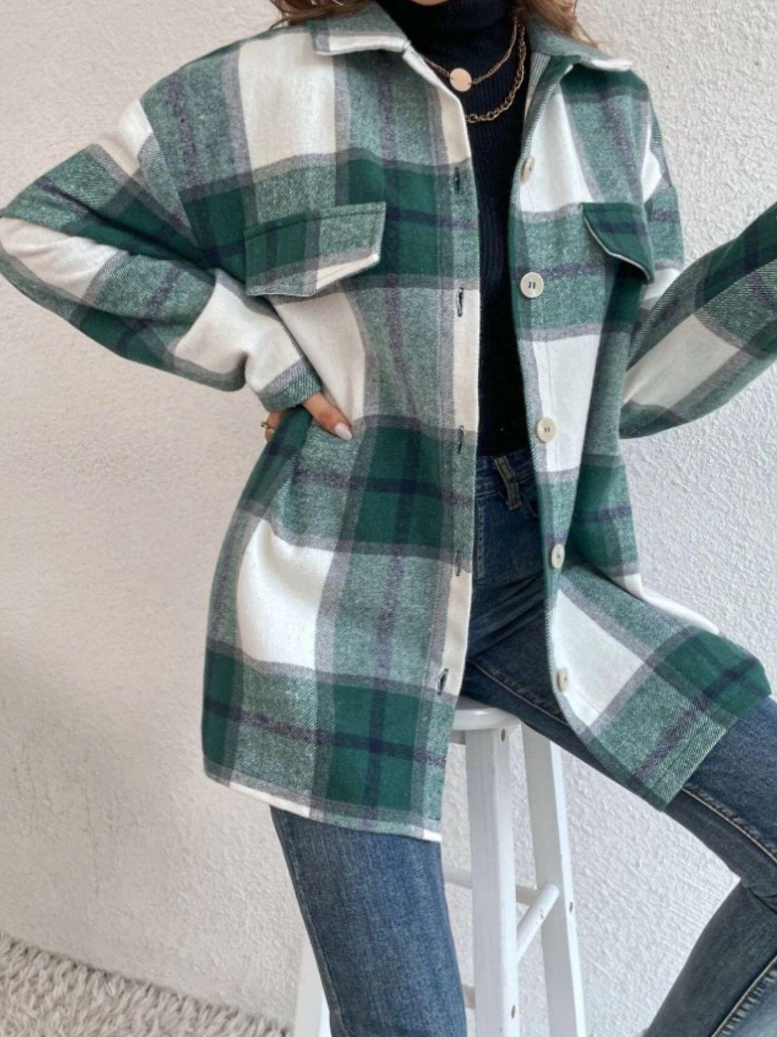 Green Plaid Dropped Shoulder Shacket - Eclectage