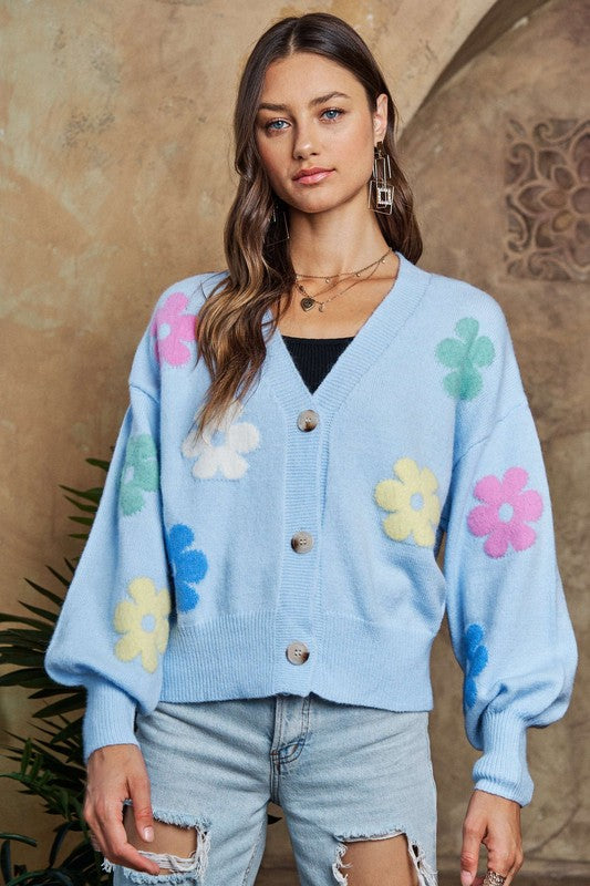 Lantern Sleeve Cardigan with Flowers - Eclectage