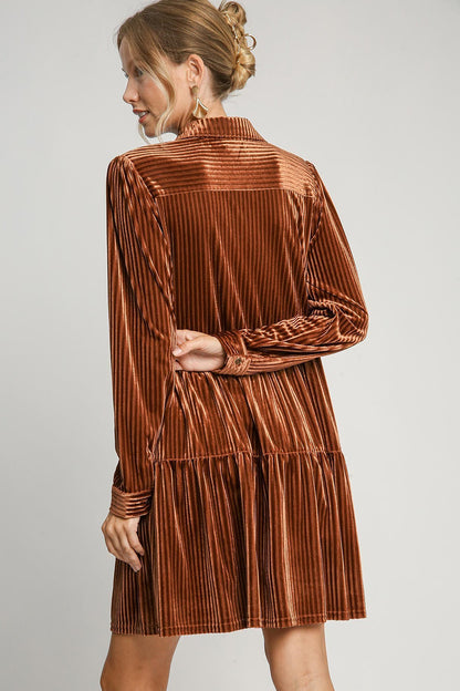 Copper Tiered Collared Long Sleeve Dress