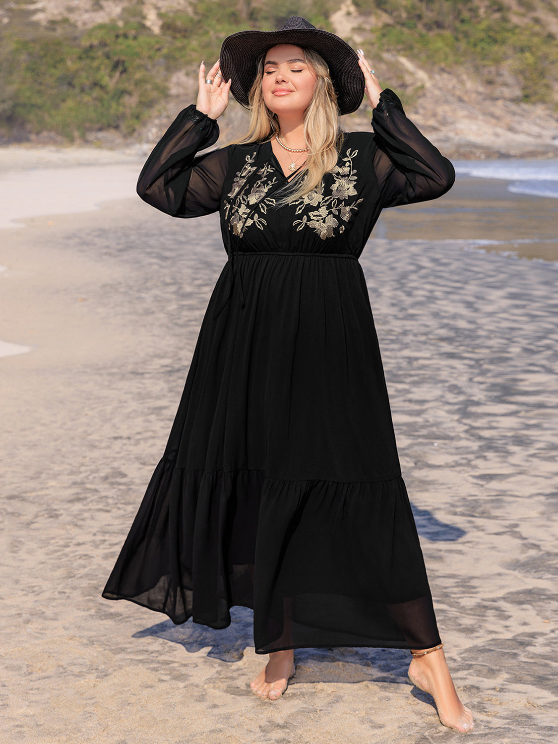 Plus Size Black Embroidered Semi Sheer Dress - Eclectage