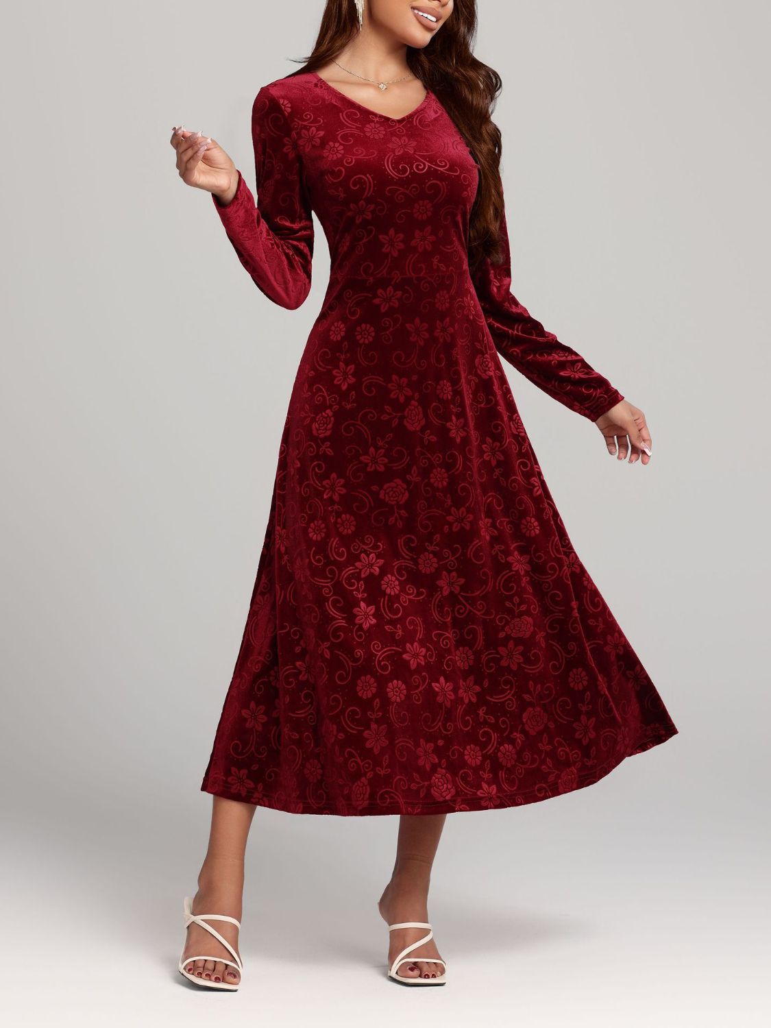 Burgundy Floral Velvet Long Sleeve Midi Dress - Eclectage