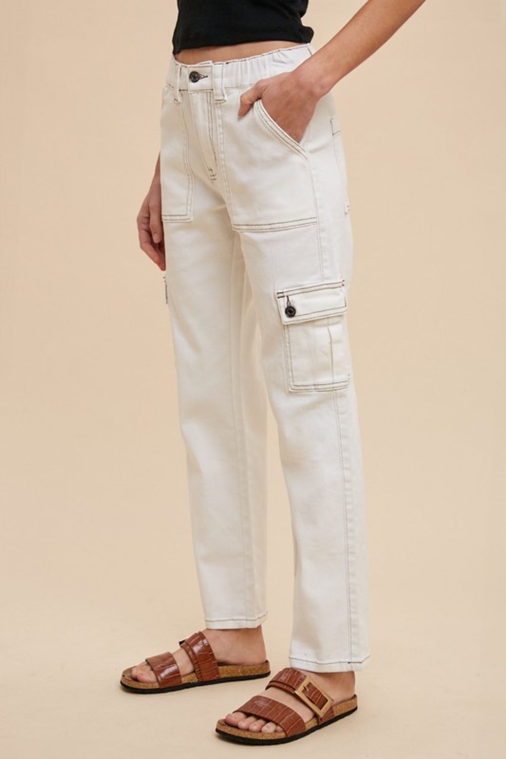 White Straight Leg Cargo Jeans - Eclectage