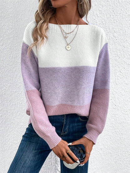 Color Block Drop Shoulder Long Sleeve Sweater - Eclectage