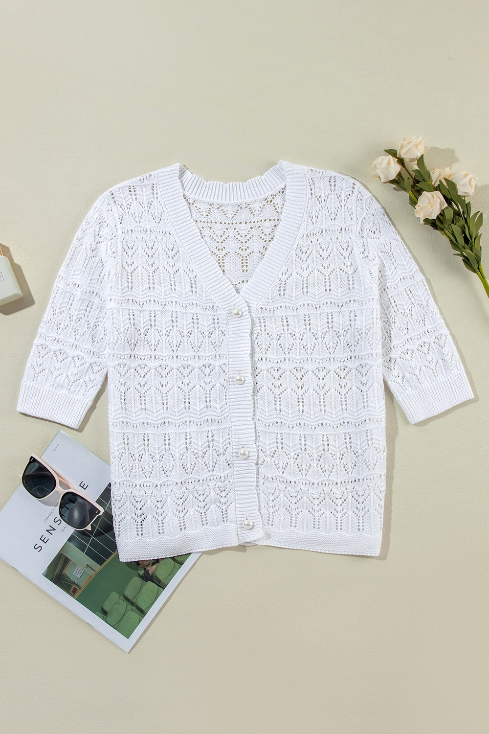 White V Neck Knit Cardigan - Eclectage