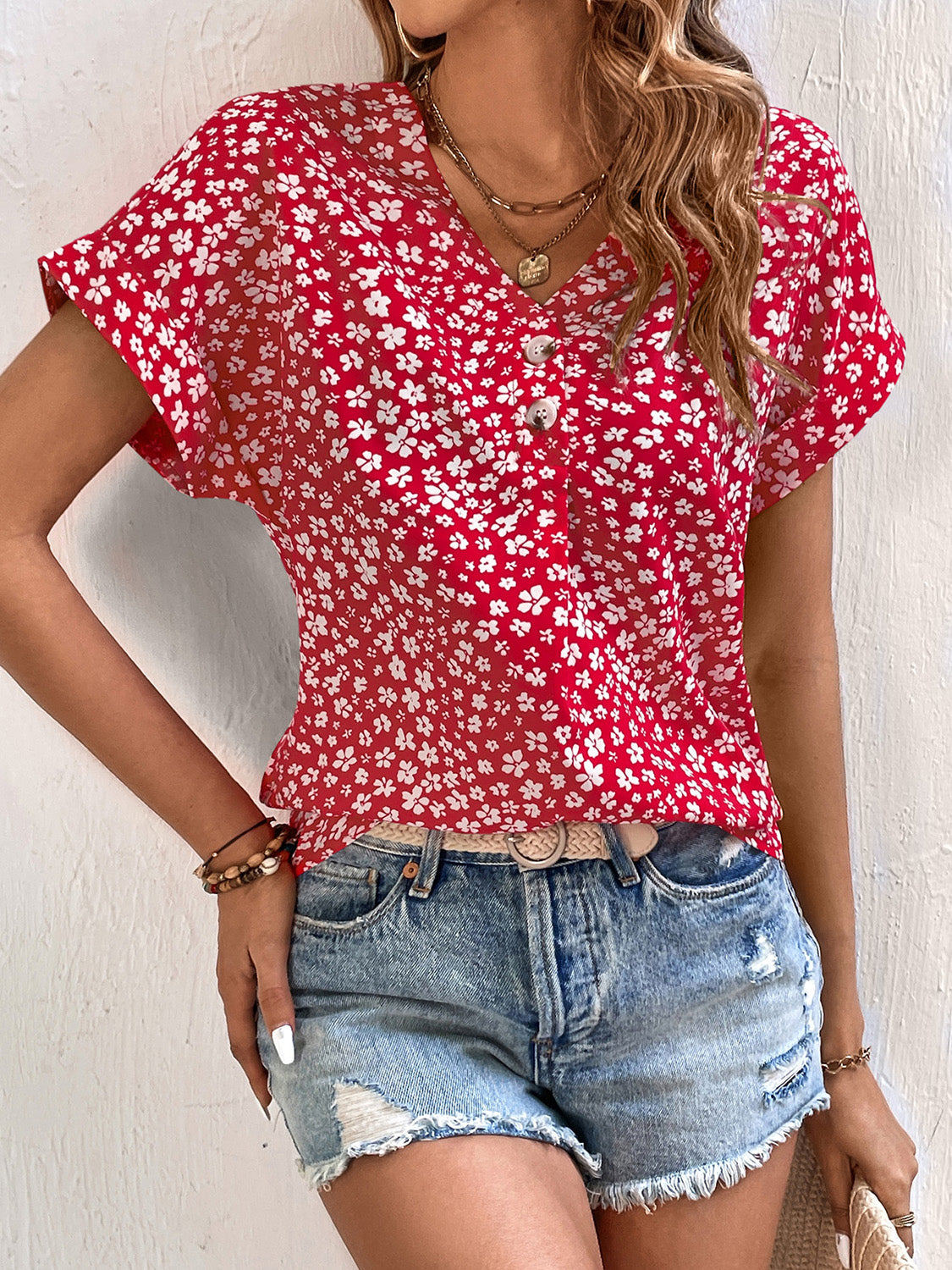 Floral V-Neck Short Sleeve Blouse - Eclectage