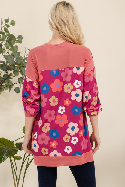 Side Slit Flower Print Long Sleeve Top - Eclectage