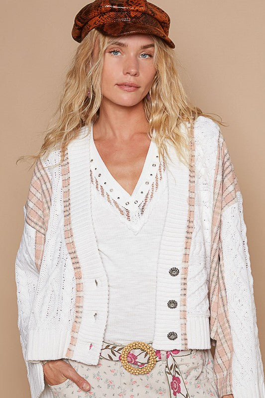 White Cable-Knit Plaid Button Up Cardigan - Eclectage